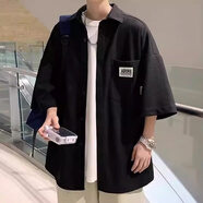 安初夏華夫格短袖t恤男士休閑套裝夏季港風(fēng)痞帥氣衣服男裝穿搭配三件套 黑色外衣 L
