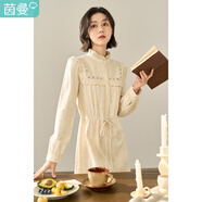 茵曼（INMAN）春秋女裝新品法式田園半高領(lǐng)荷葉拼花邊繡花泡泡長袖連衣裙 杏色 S