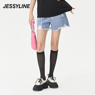 Jessy line夏季專柜款 杰茜萊破洞牛仔直筒短褲女 322110267 牛仔蘭 XS/155