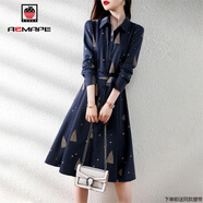 AEMAPE連衣裙女裝2025春秋冬季新款時(shí)尚百搭氣質(zhì)長(cháng)袖襯衫裙子女 藏藍色 XL (建議115-125斤）