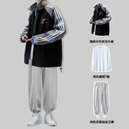 邊七三件套裝春秋季開(kāi)衫夾克男韓版潮流休閑棒球服ins寬松痞帥外套 三件套D28黑色+圓領(lǐng)白色長(cháng)T+灰色 L