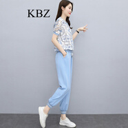 KBZ運(yùn)動(dòng)套裝女 香港潮牌夏季新款休閑碎花上衣韓版減齡職業(yè)兩件套 藍(lán)色 M