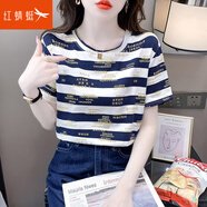 紅蜻蜓2025年純棉短袖t恤女年夏季新款條紋短袖體恤衫寬松上衣女短袖 藏青色短袖 L