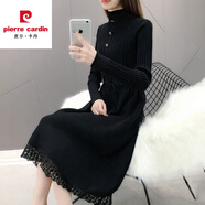 皮爾卡丹羊毛針織連衣裙女加絨加厚中長款秋冬2023蕾絲寬松半高領(lǐng)毛衣裙 黑色 3XL 140-150斤