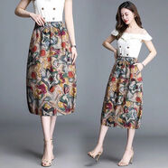 呦魅夏季復古新款高腰花苞裙燈籠裙松緊腰中長(cháng)款印花棉麻半身裙子 星星花5001# 均碼 80-150斤可穿