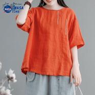 尚簡紛文藝復古短袖女刺繡棉麻圓領秋季新款寬松休閑T恤套頭上衣女 桔色 M 建議80-105斤