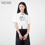 唯唯（WEWE）夏季新款可愛(ài)時(shí)尚刺繡圓領(lǐng)短袖女寬松設(shè)計(jì)感T恤 米白 S (160)