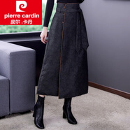 皮爾卡丹（pierre cardin）中國風(fēng)半身裙女冬季闊太太氣質(zhì)絲麻棉中年寬松夾棉加厚中長(cháng)裙女裝 黑色 L