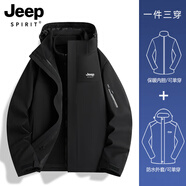 JEEP SPIRIT沖鋒衣男女同款春秋冬戶(hù)外可拆卸運動(dòng)防風(fēng)三合一滑雪登山服外套男 黑色-男女同款【三合一】 6XL