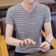 楠語(yǔ)秋短袖男冰絲T恤男夏季V領(lǐng)鏤空時(shí)尚潮流韓版修身男裝體恤上衣服 淺灰 XL 建議110-125斤