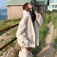 朵預羊毛羔外套女高顏值韓版羔毛冬季新款加厚大衣ins棉衣連帽保暖棉 米白加厚外 S碼 85-115斤