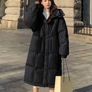 amber heey韓版大口袋白鴨絨羽絨服女2025新款中長款高端連帽保暖女士外套 黑色 S 推薦(80-125斤）