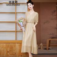 佰藍(lán)嬌法式連衣裙女2024夏季女裝新款高端品牌顯瘦遮肚子純欲長(zhǎng)裙子夏天 香檳色 L