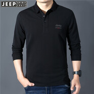 JEEP SPIRIT吉普休閑長袖t恤男寬松春季翻領(lǐng)純色棉質(zhì)商務(wù)體恤衫開衩彈力上衣 黑色 L175/96A建議135-145斤