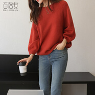 百洛安圓領(lǐng)紅色套頭七分袖毛衣上衣女新款寬松休閑慵懶風(fēng)針織衫 紅色 S
