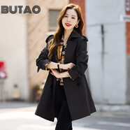 BUTAO女裝風(fēng)衣女小個(gè)子秋新款韓版休閑收腰顯瘦短款外套雙排扣大衣 黑色 XL