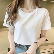 傾夕純棉短袖女新款夏季女生短袖衫圓領寬松白色t恤女裝氣質上衣潮 純白色 S