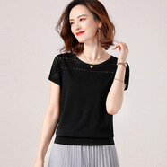 歌米拉 冰絲短袖T恤女鉤花鏤空針織衫新款薄款夏裝遮肚子顯瘦上衣寬松 黑色 XL