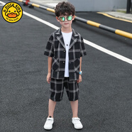 G·DUCK KIDS小黃鴨男童夏裝套裝三件套2025新款兒童夏季短袖西裝三件套帥氣休 黑格【外套+褲子+背心】 110