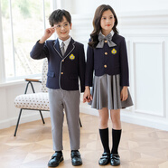 溫格奧兒童禮服西裝校服春秋冬季英倫學(xué)院風(fēng)小學(xué)生班服園服套裝表演服 女童三件套（外套+襯衫+裙子）配領(lǐng)花胸標襪子 150cm建議體重70-80斤