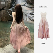 雪妃藍(lán)琪吊帶連衣裙2025夏季新款女裝純欲收腰雪紡扎染荷葉邊仙女裙子夏天 粉色 2XL 【建議140-160斤】