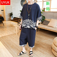 UYUK 中國風(fēng)花紋短袖T恤男個(gè)性潮男套裝棉麻夏季寬松潮流兩件套運動(dòng)服藍色3XL
