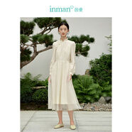茵曼（INMAN）國色新中式斜襟荷葉邊連衣裙春秋女新品長(cháng)袖歐根紗長(cháng)裙18332354 杏色 S