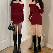 桃伊悠（taoyiyou）紅色一字領(lǐng)露肩針織連衣裙女秋冬內搭打底修身包臀裙小個(gè)圣誕短裙 氛圍感顯擺紅色 M 建議95-108斤