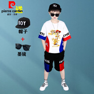 皮爾卡丹（pierre cardin）童裝男孩穿的4-14歲兒童裝夏裝2025新款短袖套裝衣服6中大童街舞 白色(+帽子+墨鏡) 130 建議身高1.2米左右40-50斤