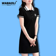 WABAOLI 運動(dòng)休閑短袖polo領(lǐng)連衣裙女短款2024夏季新款修身顯瘦t恤裙子潮 黑色 C字 2XL (建議120-129斤)