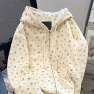 GUOCILRN甜美復古碎花連帽衛衣外套個(gè)性拉鏈春秋美式新款寬松休閑開(kāi)衫上衣 杏色 S 建議[60斤-85斤]