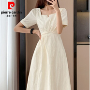 皮爾卡丹（pierre cardin）法式復(fù)古妹赫本風(fēng)感提花連衣裙夏季新款修身顯瘦釘珠長(zhǎng)裙好穿的 杏色 XL 【建議120-140斤】
