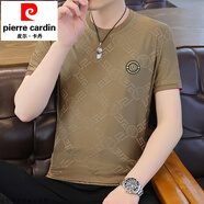 皮爾卡丹（pierre cardin）品牌2024夏季新款男士冰絲短袖T恤半袖體恤時(shí)尚暗紋提花速干上衣 T56卡其 M 80-105斤