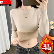 皮爾卡丹秋冬季加絨加厚毛衣女一體絨圓領內(nèi)搭打底針織衫修身大尺碼保暖上 燕麥色【一體絨】 加厚 L