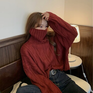 芳草屋高領(lǐng)毛衣女冬季粗線麻花毛衫短款粗女秋冬年新款寬松慵懶復(fù)古風(fēng)港 紅色 均碼