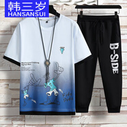 韓三歲青少年夏季漸變短袖t恤男孩12-17歲初中學(xué)生13大童體恤運動(dòng)套裝16 白色漸變（上衣+7分褲子） M (身高1.50-1.60)米/80-100斤
