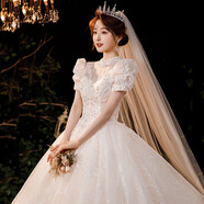 紅妝飾佳 婚紗禮服2025新款新娘公主泡泡袖奢華宮廷風(fēng)拖尾法式主婚紗 淺香檳平地款 S