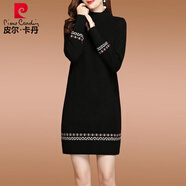 皮爾卡丹羊毛衫連衣裙女秋冬中長(cháng)款半高領(lǐng)加絨毛衣裙寬松加厚洋氣打底衫 黑色 4XL 155-175
