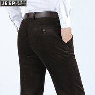 JEEP純棉燈芯絨褲子男爸爸中老年春秋款休閑褲寬松直筒加絨粗條絨男褲 咖啡色- 厚款 44 (腰圍三尺二)