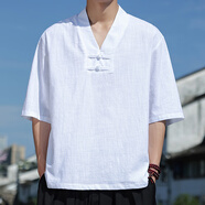 管先生中國(guó)風(fēng)亞麻七分袖T恤男寬松大碼棉麻7分袖小衫夏季輕薄款復(fù)古體恤 T82白色 L