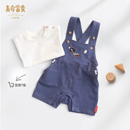 長(cháng)命富貴 寶寶背帶褲喜鵲刺繡夏季柔軟仿牛仔男女童連體褲子夏裝兒童嬰兒背帶短褲 牛仔藍 73