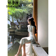 舒芳蝶（shufangdie）新中式國(guó)風(fēng)復(fù)古改良旗袍連衣裙女裝2025夏季新款高級(jí)感開(kāi)叉包臀裙 藍(lán)色 M