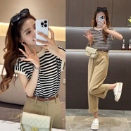 韓璐嬌（hanlujiao）休閑褲女裝2025夏季新款小個(gè)子顯高穿搭減齡通勤套裝九分直筒褲子 杏條紋上衣 M （建議96-108斤）
