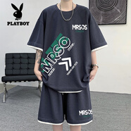 花花公子（PLAYBOY）假兩件短袖T恤男套裝2024夏季新款短褲潮流兩件套休閑家居服裝薄 深藍色一整套 M