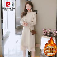 皮爾卡丹大·衣內(nèi)搭連衣裙中長(zhǎng)款過(guò)膝加厚韓版寬松圓領(lǐng)針織打底衫加絨 【6282毛衫裙全身加絨】杏色 M 90斤-105斤穿