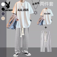 花花公子（PLAYBOY）純棉短袖t恤男套裝2025夏季港風(fēng)搭配帥氣寬松休閑褲男學(xué)生2件套 USUS白+大繩灰褲+項鏈【一整套】 XL【建議115-125斤】