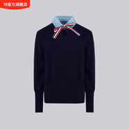 TB針織毛衣假兩件女2024淺藍色翻領(lǐng)polo領(lǐng)蝴蝶結織帶個(gè)性秋冬毛衣 藏青 S /0
