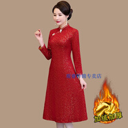 氣質(zhì)顯瘦中青年秋冬天穿的【加絨加厚】冬季長(cháng)款高檔旗袍裙毛呢連衣裙女遮肚氣質(zhì) 紅小碎花（加絨加厚） 2XL_115-125斤