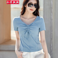 衣領(lǐng)飄飄時(shí)尚女生短袖短款t恤女裝上衣白夏裝新款學(xué)生衣服休閑體恤棉小衫 灰藍(lán)色 2XL(125-140斤)