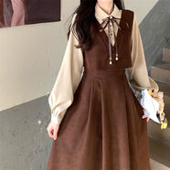 高個(gè)子超長到腳踝超仙連衣冬季女生學(xué)生長款過女裝春秋冬新款妹學(xué)院風(fēng)襯衫拼接假兩件長赫本風(fēng)復(fù)古連衣學(xué)生 棕色連衣 XL_115-125斤